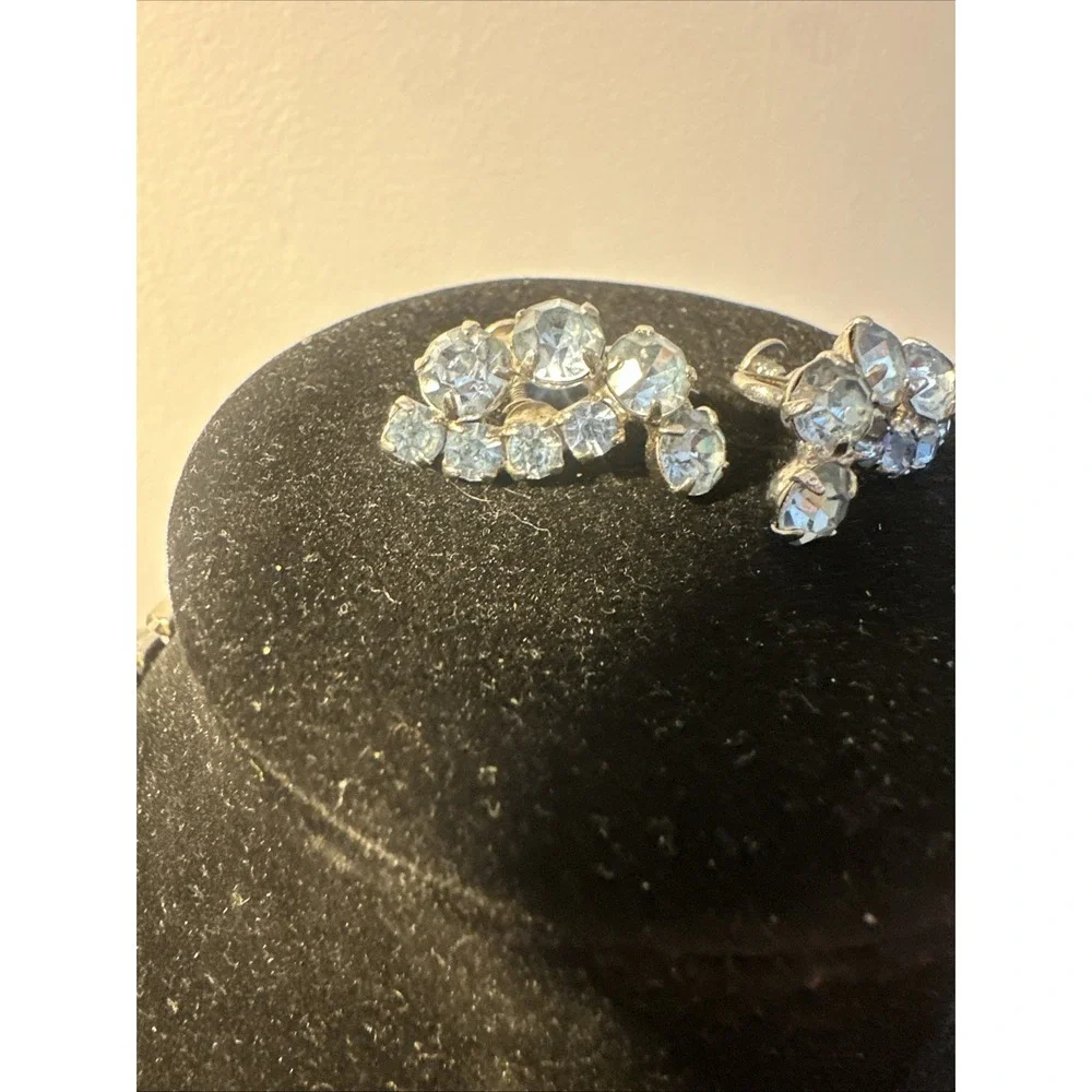 Vtg Blue Rhinestone Necklace With Earrings Screw Back